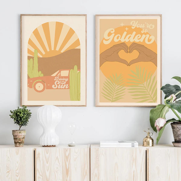 Golden Sunshine Art Series - Abstract Poster Golden Sunburst Art Print Bohemian Vintage Canvas Painting Modern Wall Picture For Living Room Home Decor