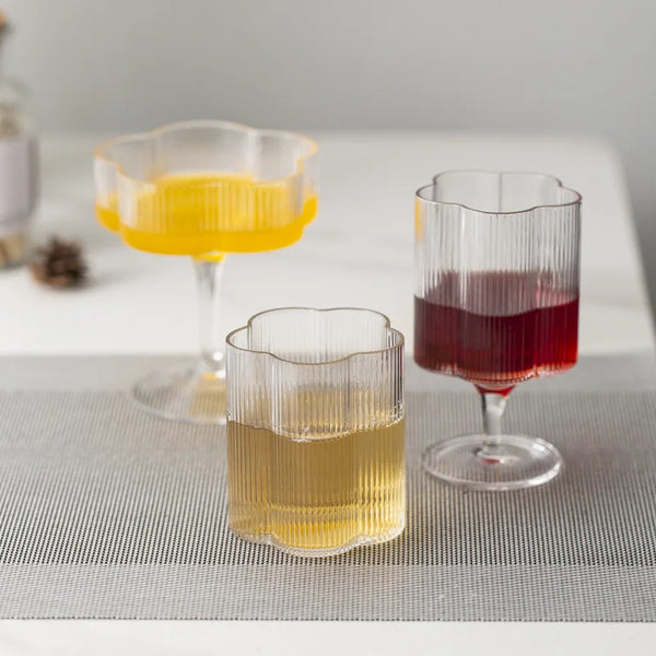 Boussac Glassware - Nordic Ripple Glass Cup Set Home Decor Creative Flower Golden Edge Drinkware Coffee Drinks Glass Cups Goblet Carafe Glassware