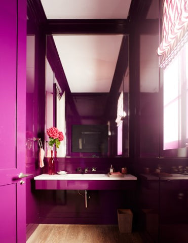 viva magenta pantone color powder bathroom sink and mirror and window